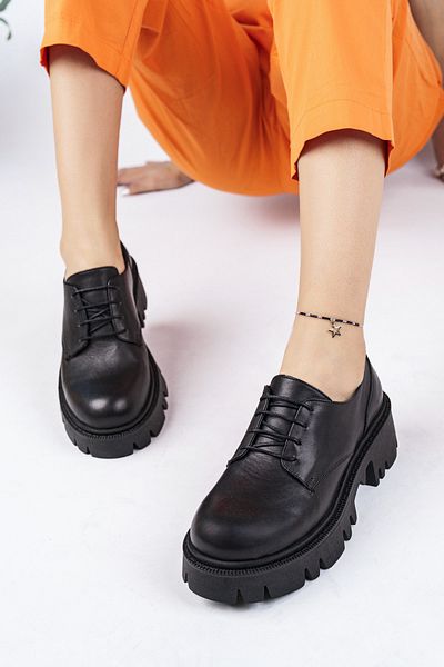 Deripabuc Genuine Leather Black Women's Serrated Platform Sole Loafer Shoes Trc-4004