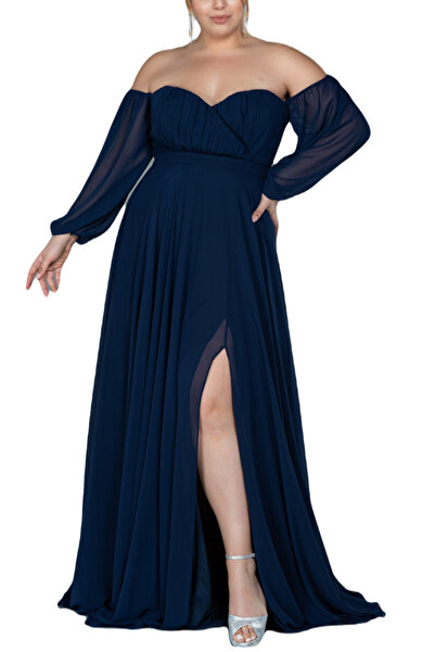 Arden Büyük Beden Genç Abiye, Şifon Madonna Yaka Siyah, Mor, Kırmızı, Laciver...