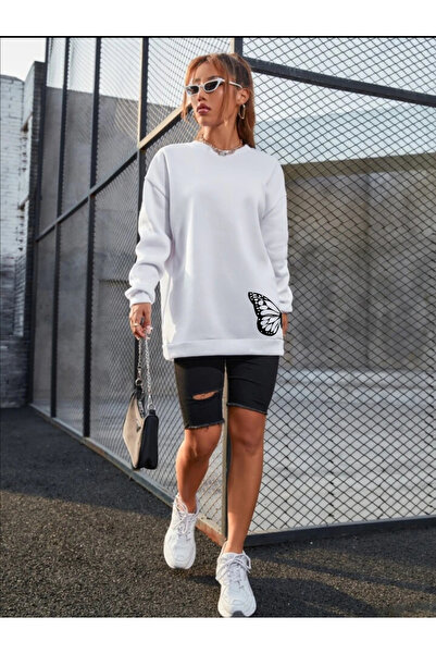 Sebesta Fashion SEBESTA FASHION Unisex WHITE BUTTERFLY PRINTed Crew Neck Over...
