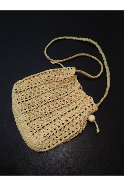 TT TASARIM ATÖLYESİ KADIN VİZON RENK EL ÖRGÜSÜ KAĞIT İP HASIR OMUZ ÇANTASI
