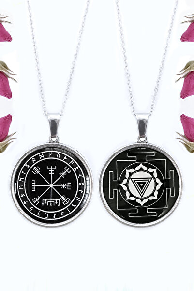 Sihirli Titreşimler Vegvisir Rune Ve Kali Aşk Yantrası Finansal Başarı, Şans, Bolluk Bereket Koruma Çift Sembollü Kolye