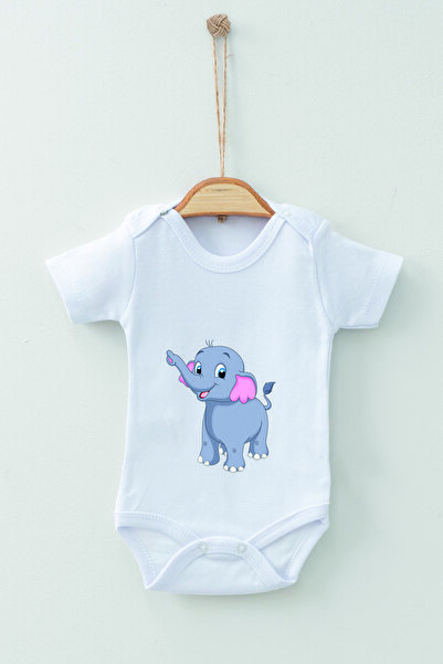 ADABEBEK 100% Cotton Organic Elephant Patterned Short Sleeve Badi Baby Bodysuit