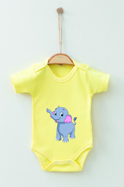 ADABEBEK 100% Cotton Organic Elephant Patterned Short Sleeve Badi Baby Bodysuit