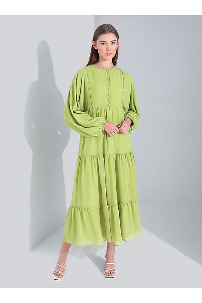Benin Brit Detailed Half Placket Lined Chiffon Dress - Oil Green - Benin