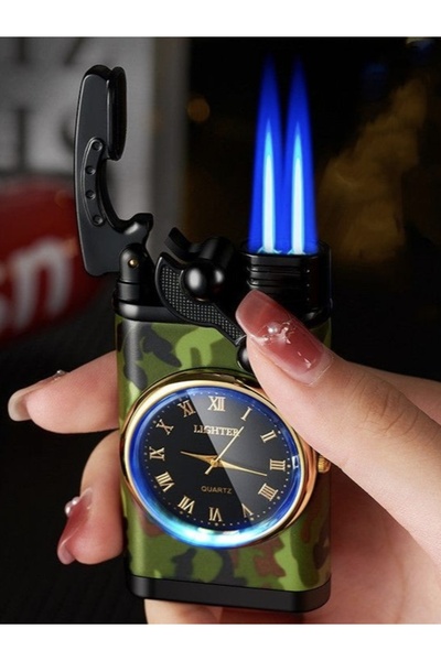 AVİPOLES Askeri kamuflaj saatli çakmak ışıklı turbo gazlı çakmak metal gövde şık tasarım