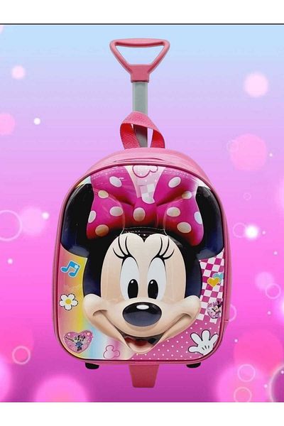 Uniquerrs Geantă și rucsac pentru grădiniță pentru grădiniță cu roți cu racletă cu imprimeu 5D Minnie Mouse pentru fete