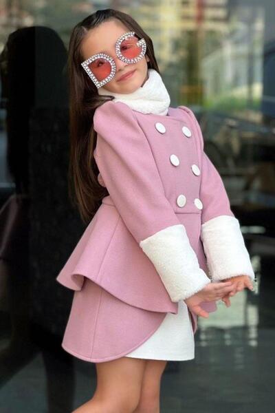 Riccotarz Комплект пудрено палто за момиче с плюшени детайли на краищата на ръкавите