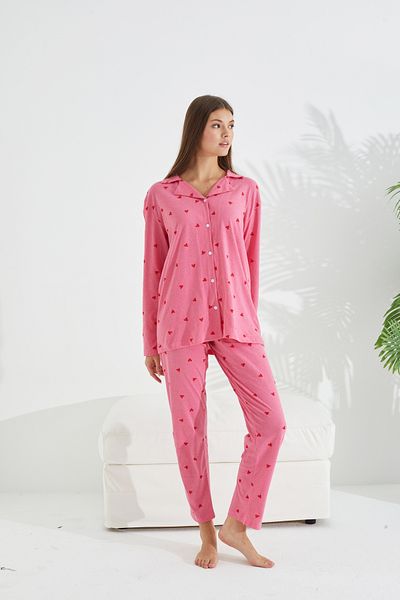 Siyah İnci Pink heart patterned cotton button-down pajama set