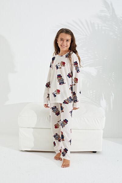 Siyah İnci Σετ πιτζάμα με στάμπα αρκουδάκι με κρεμ καπέλο