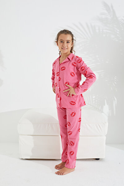 Siyah İnci pembe dudak desenli Pamuklu Düğmeli Pijama Takımı
