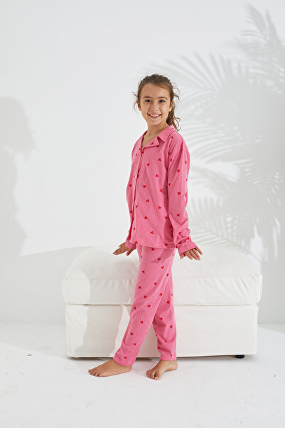 Siyah İnci Pink heart patterned cotton button-down pajama set