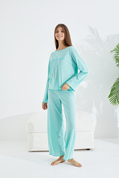 Siyah İnci Mint Green Soft Touch Fine Knitted 100% Cotton Embroidered Pajama Set