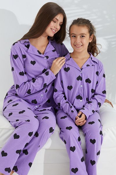 Siyah İnci Lilac heart patterned cotton button-down pajama set