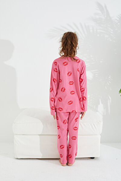 Siyah İnci pembe dudak desenli Pamuklu Pijama Takımı