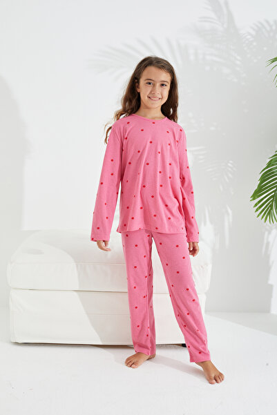 Siyah İnci pink dot patterned cotton pajama set