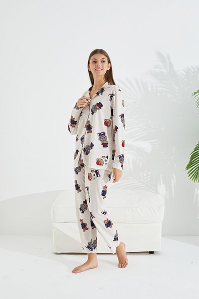 Siyah İnci Buttoned Pajama Set with cream hat and Teddy Bear Pattern