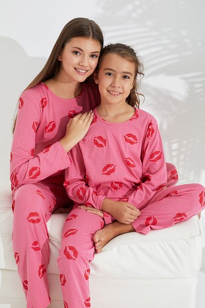 Siyah İnci Pink lip patterned Cotton Pajama Set