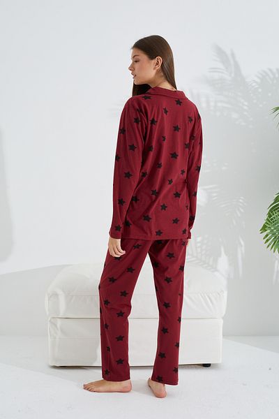 Siyah İnci burgundy star patterned cotton button-down pajama set