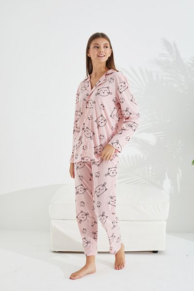 Siyah İnci Salmon cat patterned cotton button-down pajama set