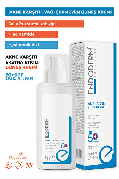 Endoderm Sun Protection Anti-acne Akneli Ciltler Için Yüksek Koruma Yüz Ve Vücut Güneş Kremi Spf 50 75ml