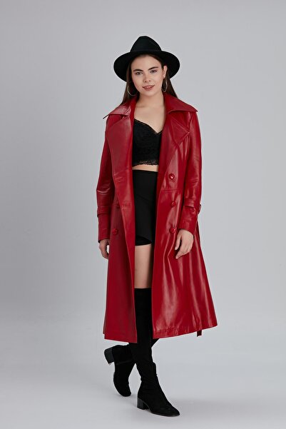 Deri Effect Kadın Kırmızı Hakiki Deri Kemerli Kruvaze Yaka Trençkot
