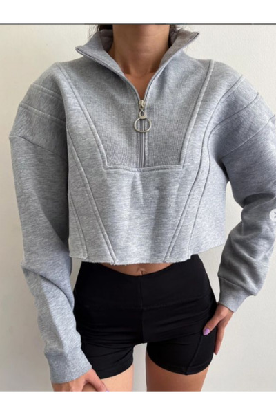 Fermuarlı Crop Sweatshırt Gri