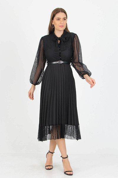 XXL BUTİK Black Lace Dress with Tie Detail and Belt, Apcx41