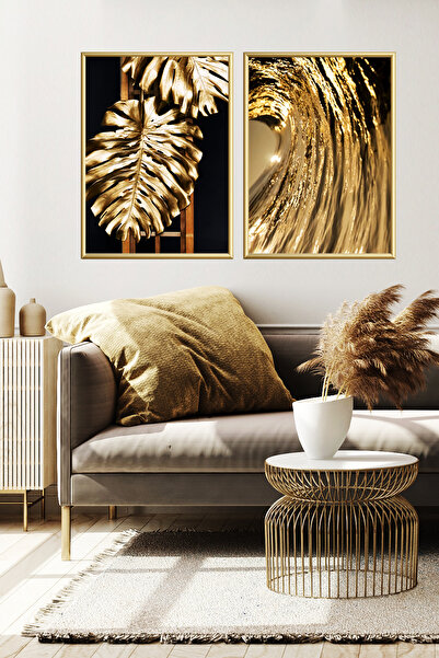 Linacci Set of 2 Gold Aluminum Metal Black Wave Leaf Framed Glass Poster Painting Set