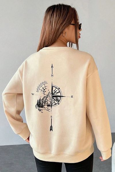 MODAGEN Unisex Μπεζ Πυξίδα με στάμπα Oversize φούτερ με λαιμόκοψη