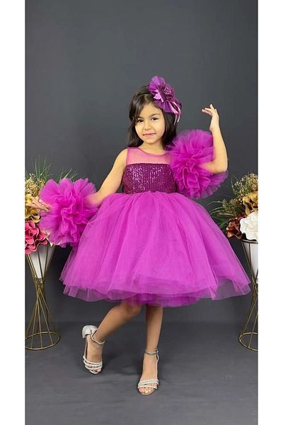 Delfini kids Ρόμπα σιφόν, μανίκι πομπομ, κοριτσίστικη φούστα κρινολίν με παγιέτες, βραδινό φόρεμα Tutu