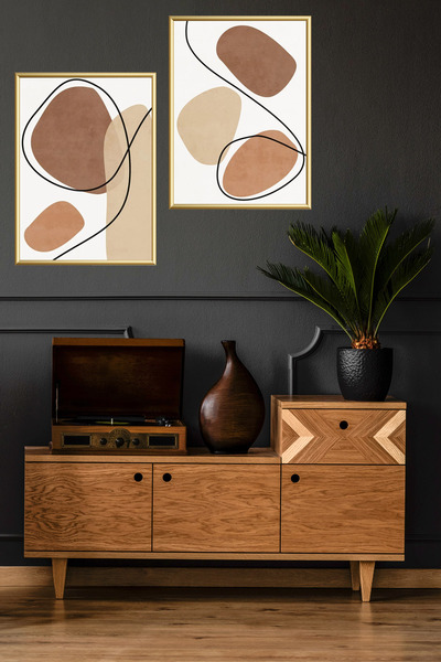 Linacci Ikili Gold Alüminyum Soyut Metal Çerçeveli Camlı Poster Tablo Seti