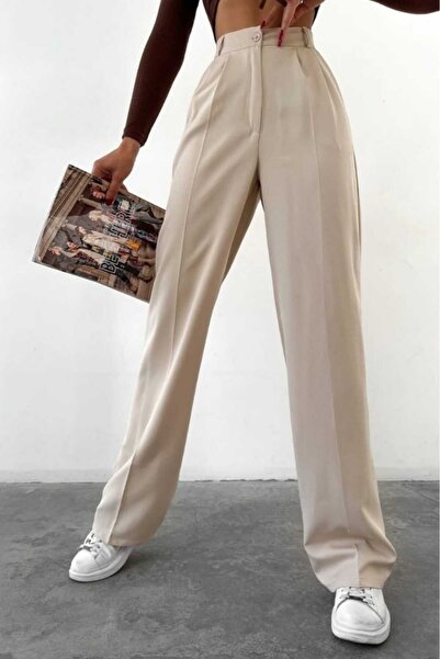 Mylocker Γυναικείο παντελόνι Palazzo από ύφασμα μπεζ πλισέ