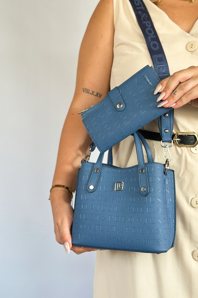 Just Polo طباعة النقش عالية الجودة 4 حجرة حقيبة يد وكتف نسائية 24 × 24 سم 4095 مزيج أزرق داكن