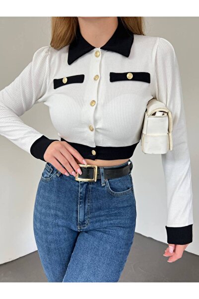 Fav Style Women's Long Sleeve Buttoned Crop White Black Blouse