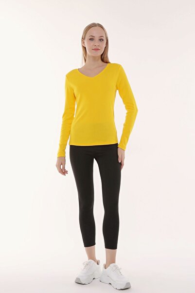 defys Tricou pentru femei, cu decolteu în V, cu mânecă lungă, cu croiala normală, basic galben