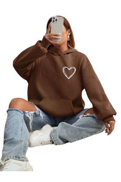BENROMA Φούτερ με κουκούλα Unisex Heart Printed Brown