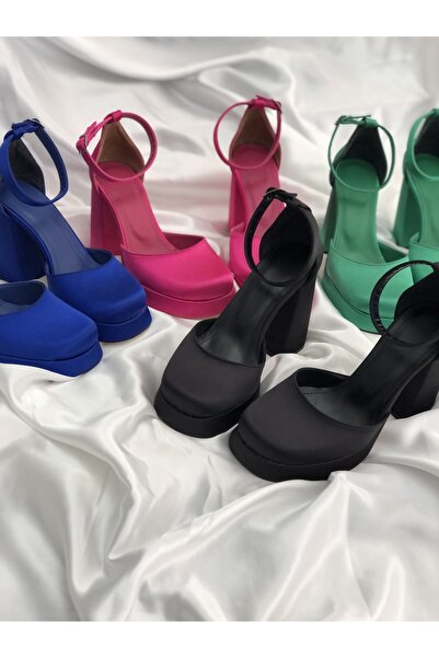 Hg Ayakkabı JENNA SAKS СИНІЙ САТЕН ТОЛСТИЙ КАБЛУК ПЛАТФОРМА СТИЛЕТТО