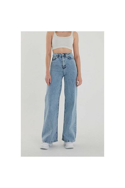 LİMABEL Dámské s vysokým pasem Blue Snow Wash Lycra volné džíny Acid Wash Palazzo Jeans