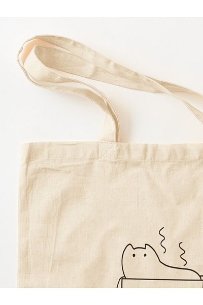 w house Gusseted Cloth Shoulder Bag 14551 - Tea Ocha with Kawaii Cat Japanese Minimalist Simple Art