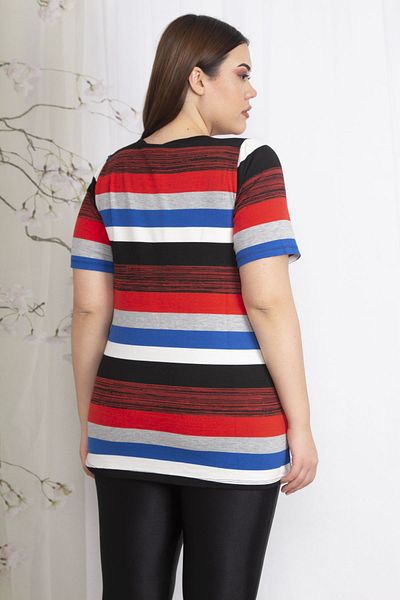Şans Women's Large Size Colorful Short Sleeve Knitwear Woven Striped Blouse 65n36838