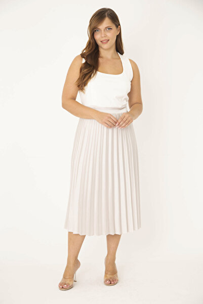 Şans Women's Large Size Bone Skirt Part Satin Pleated Dress 65N36854
