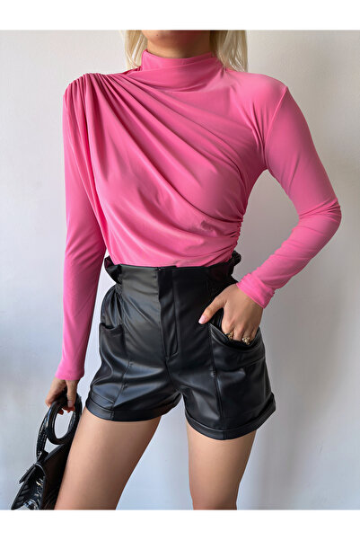 schlank Γυναικεία ροζ όρθια μπλούζα με γιακά από ύφασμα Sandy με λεπτομέρεια