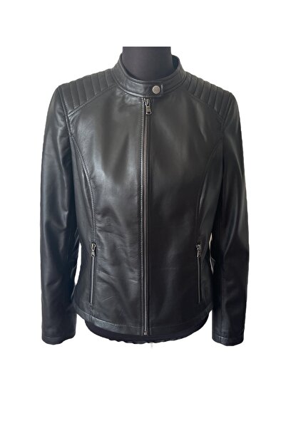 asus deri تارا - سترة نسائية سوداء من الجلد الطبيعي