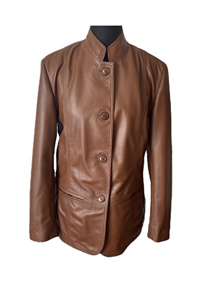 asus deri سترة نسائية من الجلد الطبيعي بلون كونياك بأزرار 4488