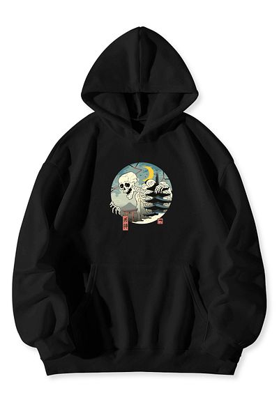 ALİKA Skeleton Printed Kangaroo Pocket Hooded Oversize Sweatshirt