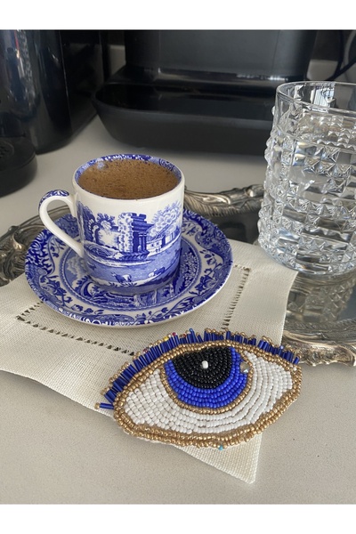 Handmade 1 adet Nazar boncuk işlemeli kahve yanı sunum kokteyl peçete