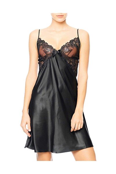 Nurteks Μαύρο σατέν νυχτικό με κορδόνια για γυναίκες κανονικού και μεγάλου με...