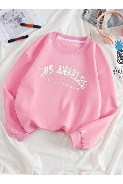 Serays moda Los Angeles baskılı Pembe cocuk sweatshirt