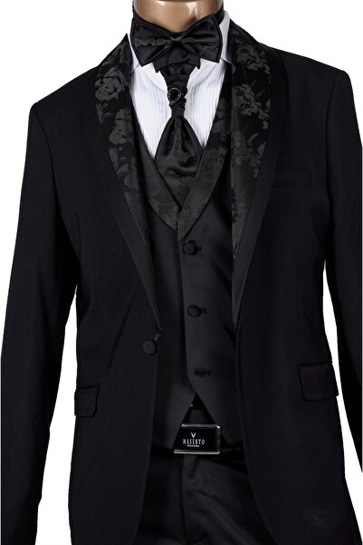 MASERTO Slim Fit Özel Siyah Damatlık Çiçek Desenli