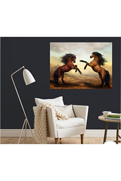 HDART Soyut Yağlı Boya Görünümlü Şaha Kalkmış Şahlanmış At Atlar Kanvas Tablo...